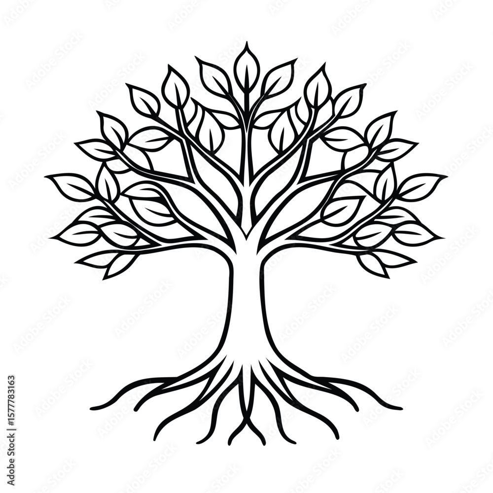 Obraz premium Tree with leaves roots on a Handdrawn graphic nature plant