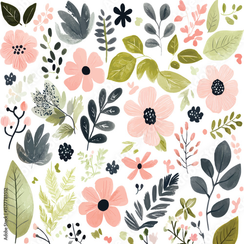 Watercolor pink wildflowers and mixed foliage collection for elegant botanical designs