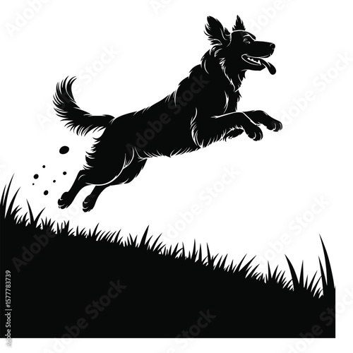 Silhouette vector art of a joyful golden retriever jumping mid-air, isolated in minimalist black and white style