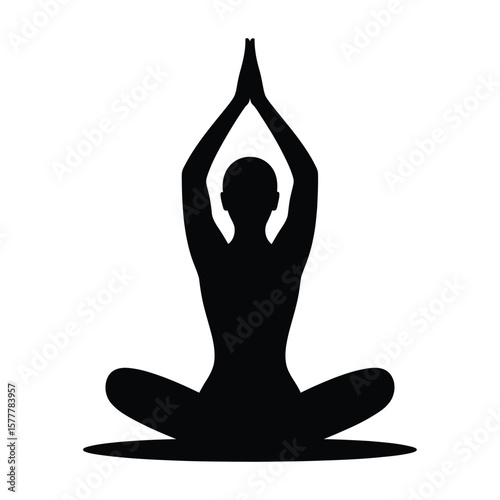 Silhouette vector art of a person in a yoga pose on the beach, isolated in black and white minimal style