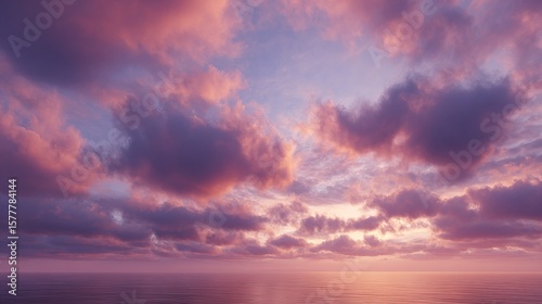 Surreal Sunset Sky over Calm Ocean Horizon – Dreamy Pink-Orange Clouds with Cinematic Light and Empty Space for Text