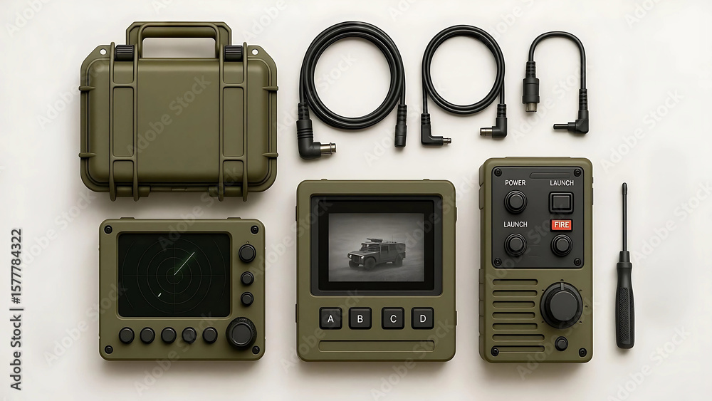 Fototapeta premium Flat Studio Image of Portable Air Defense Toolkit with Radar Scope, Thermal Reader, and Launch Controller on White