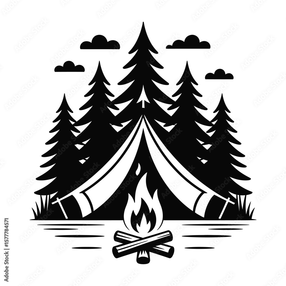 Obraz premium Vector illustration of a camping tent with campfire, isolated black and white line art