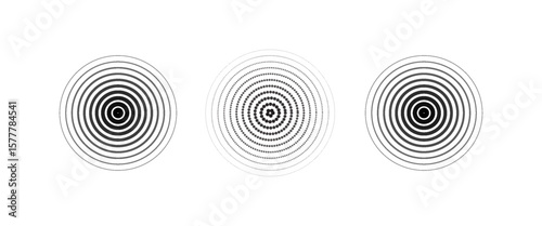 Black concentric circle set. Sonar or sound wave ring collection. Dotted and linear epicentre, target, radar icon concept. Ripple radial signal or vibration elements. Vector line and halftone symbols