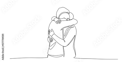 Continuous line drawing of two people embracing in a hug  