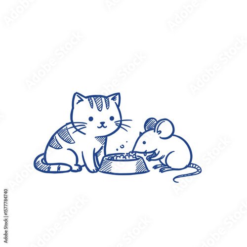 Cat and mouse sharing food in playful harmony  