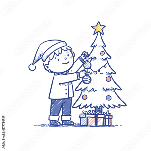 Young boy decorating Christmas tree with ornaments and gifts  