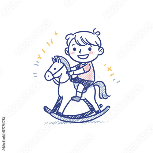 Child riding a rocking horse and smiling with excitement  