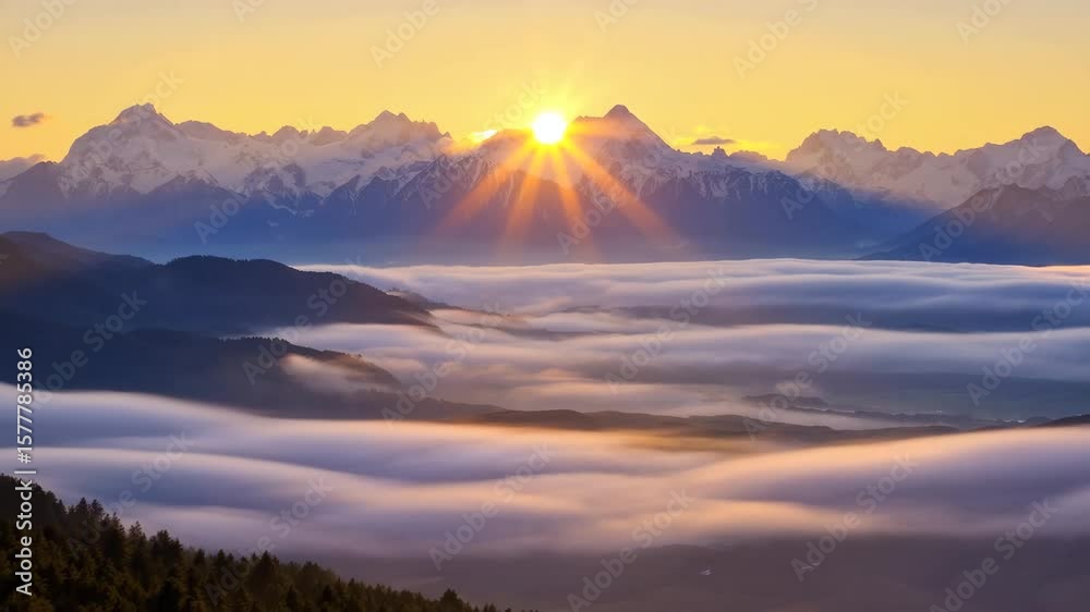 Cinematic wide shot of sunset behind mountain peaks, camera slowly dolly zooms out with atmospheric fog rolling through valleys