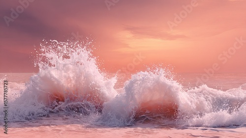 Frozen Wave Splash Against Peach-Pink Sky – Cinematic Wide Header Composition with Clean Space for Text Overlay