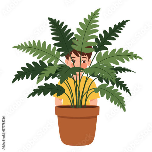 Child playing hide and seek behind large green potted plant indoors, white background, isolated, vector  