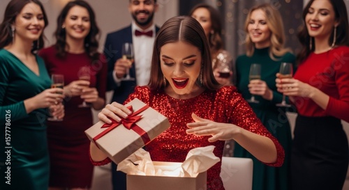 A woman is thrilled to unwrap her gift, surrounded by cheerful friends at a party