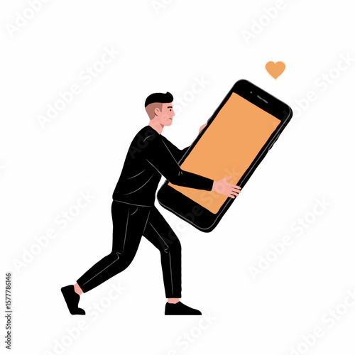 A delighted young man lovingly embracing a huge smartphone device against a white background with copy space.