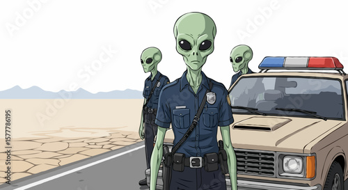 Three serious alien police officers standing by their patrol car in a desert landscape.