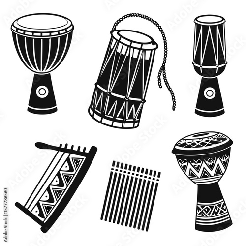 African drums and folk instruments black and white