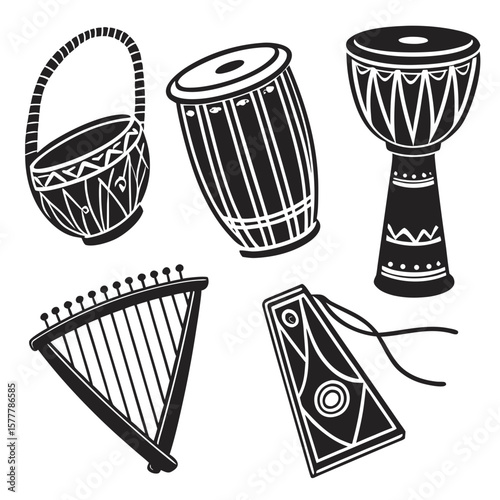 African drums and harp with percussion instrument folk instruments