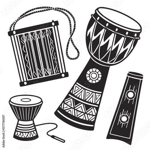 African drums and folk instruments with tribal patterns