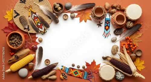 Indigenous Peoples’ Day Flat Lay with Blank White Center Surrounded by Corn, Feathers, Beads, Clay Pots, Drums, Stones, Nuts, Leaves and Basket – Cultural Celebration Mockup