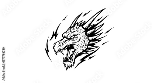 Illustration of a stylized black and white dragon head with lightning