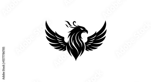 A stylized black phoenix with outstretched wings on a white background