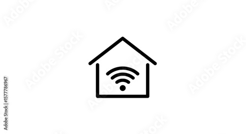 A simple black and white icon of a house with a wifi signal inside it