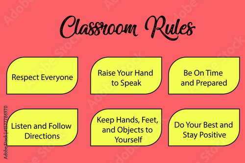 Colorful classroom rules poster for students, promoting positive behavior and respectful classroom culture.