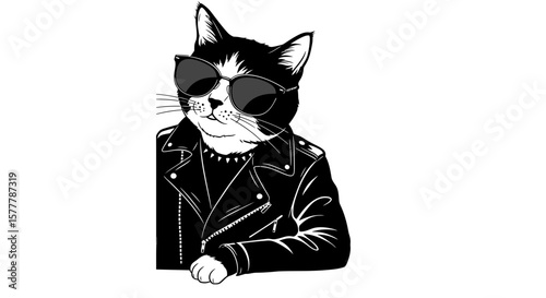 Black and white cat illustration wearing sunglasses and leather jacket