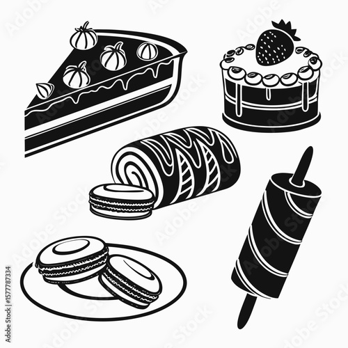 Black and white dessert icons featuring cake slice macarons roll and ice cream