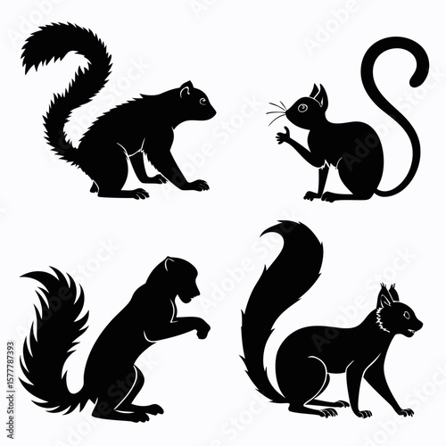 Black animal silhouettes bushy tails white