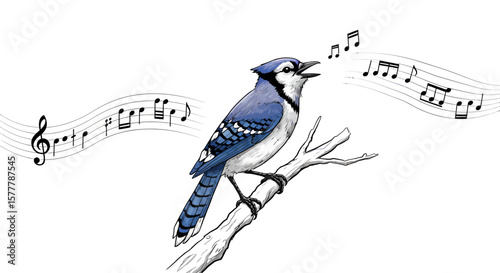 A blue jay singing on a branch with musical notes flowing around it