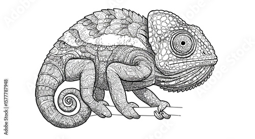 Detailed line art illustration of a chameleon with intricate patterns