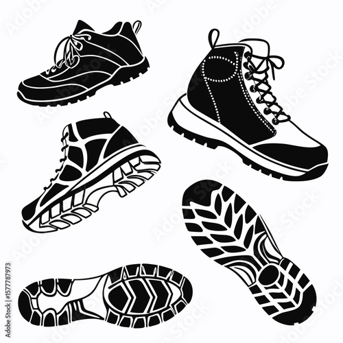 Black hiking boots and shoe soles outdoor shoes footwear
