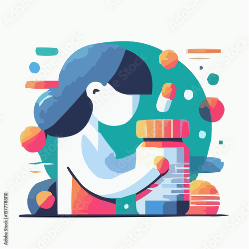 Child icon holding a vitamin jar with colorful abstract background  