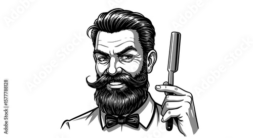 A barber with a beard and mustache holding a straight razor in his hand