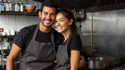 Smiling young hispanic couple posing at their restaurant kitchen	
