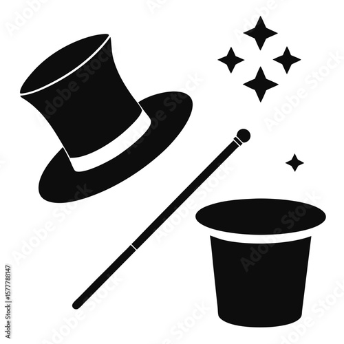 Black magician hat wand and stars icons illusion