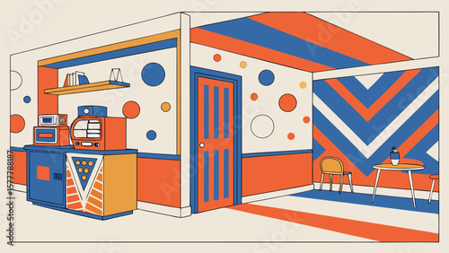 Retro interior design with vintage furniture and bold geometric patterns for home decor inspiration