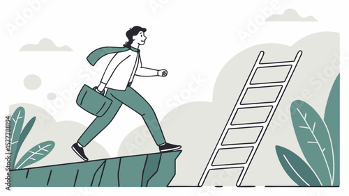Man climbing ladder for success career growth opportunity and business achievement vector illustration design