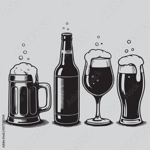 Beer Variety Vector Illustration of Different Beer Containers with Foam