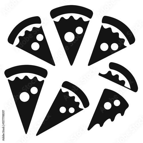 Black pizza slices with white toppings arranged in a circle