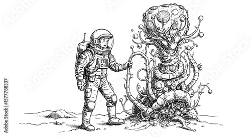 A lone astronaut encounters alien flora on a desolate planet surface