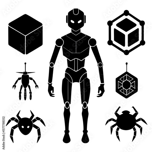 Black robot and geometric shapes humanoid cube