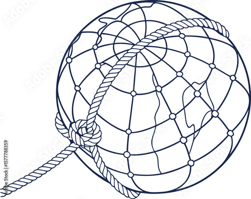 Minimal line art globe tied with rope, symbolizing global connection, unity, and sustainability, perfect for eco, travel, shipping, environmental, and creative concept designs.