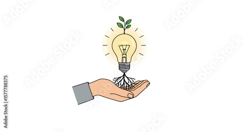 Hand holding light bulb with roots and plant growing from the top