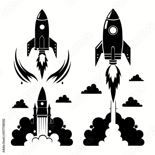 Black rocket ships launching with smoke and clouds