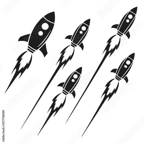 Black rockets ascend with fiery trails launch space