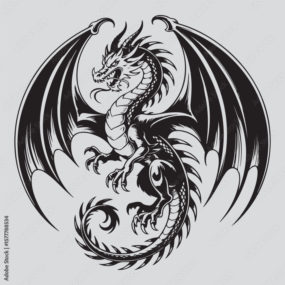 Obraz premium Majestic Black and White Dragon Illustration with Spread Wings in Flight