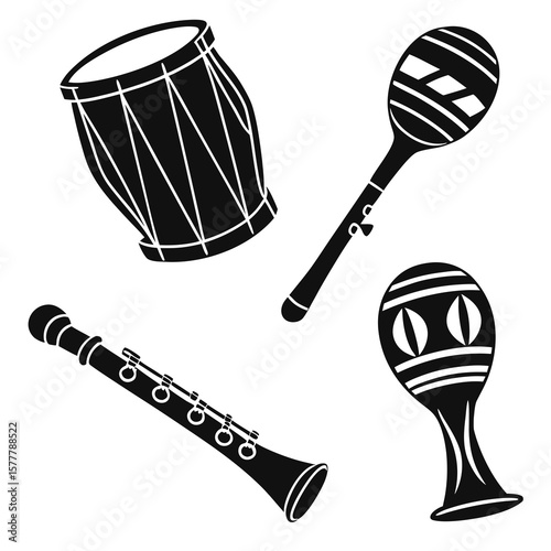 Black silhouette musical instruments drum clarinet maracas