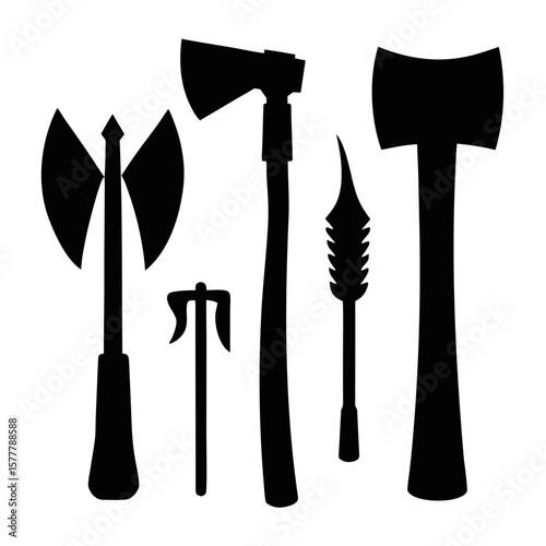 Black silhouettes of axes and medieval weapons battle axe