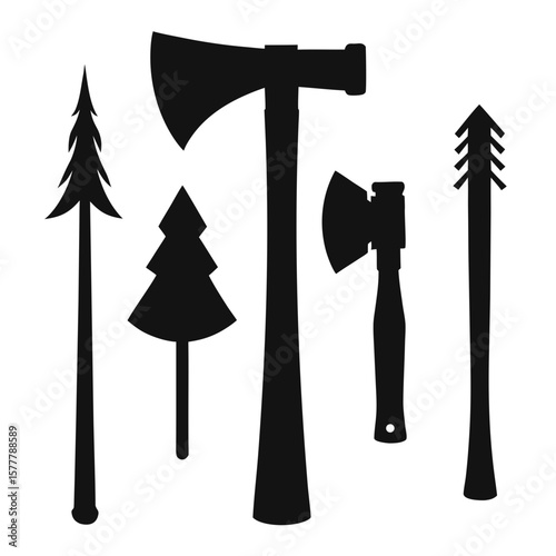 Black silhouettes of axes and trees hatchet woodcutting